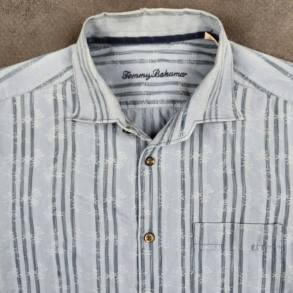 Tommy Bahama Shirt Mens Medium Blue Floral Stripe Cotton Silk Long Sleeve Button